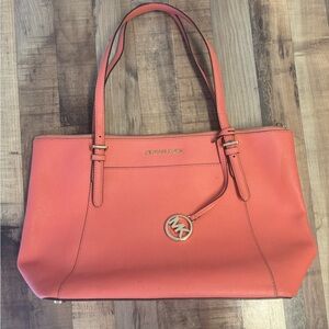 Michael Kors Pink Tote Bag with Textured Leather and Gold Charm
